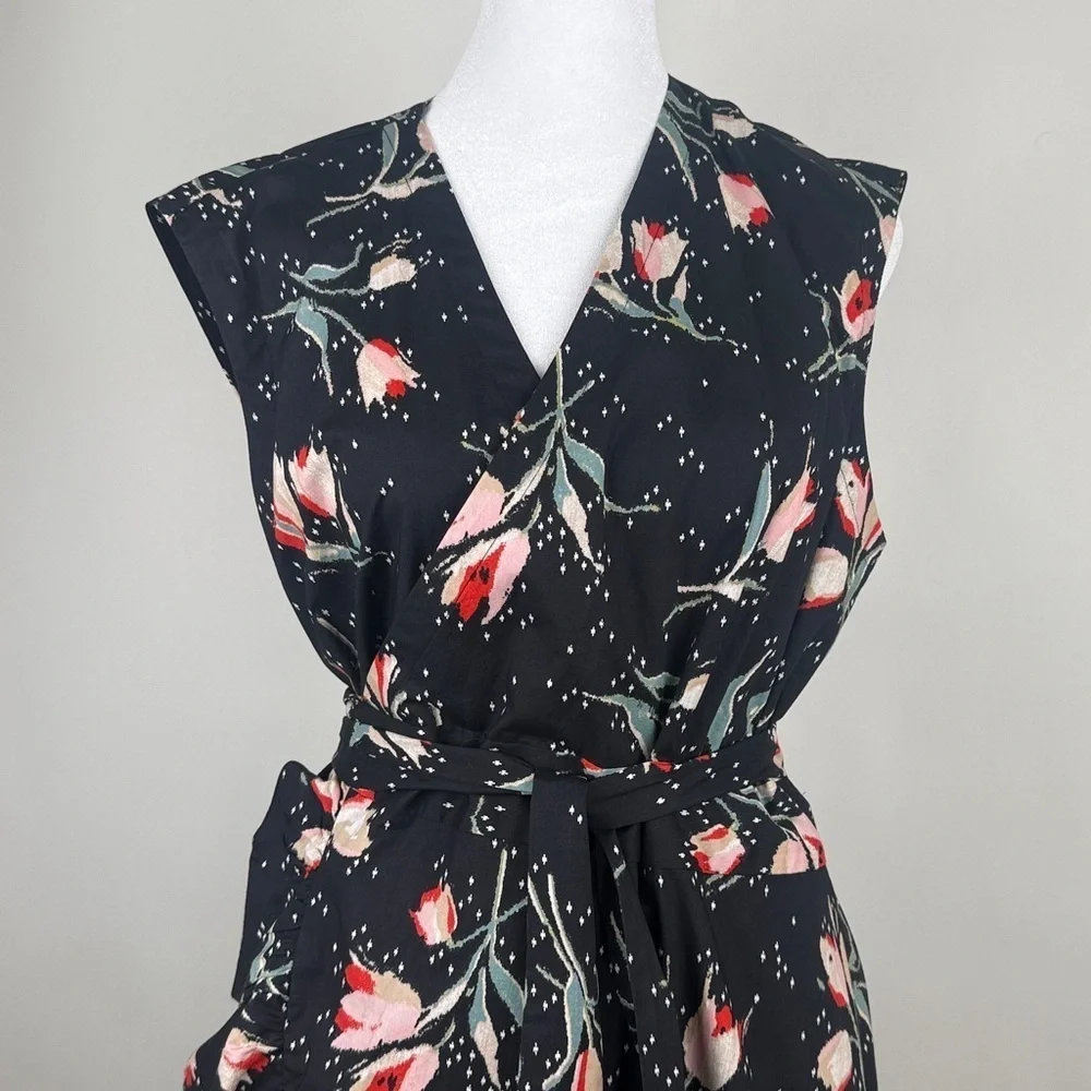 Rebecca Taylor Ikat Tulip Wrap Dress Tie Waist Black Floral Poplin Ruffles Sz 12